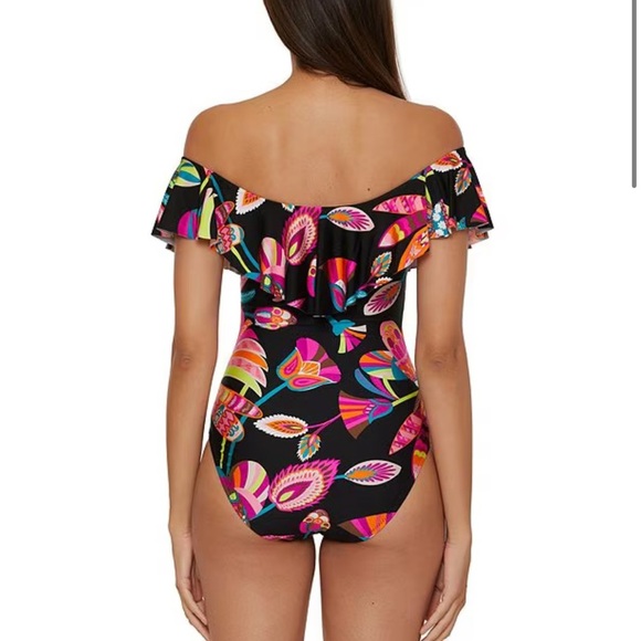 Trina Turk One Piece Swimsuit Womens 10 Ruffled Off The Shoulder Tropical B12 - Picture 9 of 9